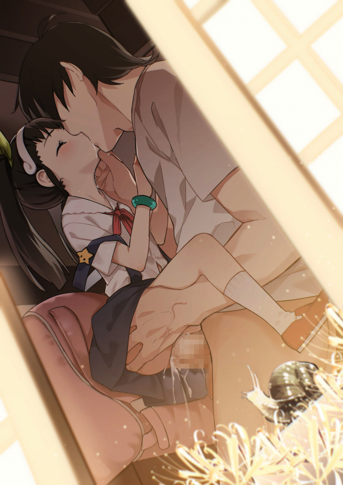 1boy 1girl against_wall age_difference animal araragi_koyomi bakemonogatari blvefo9 bracelet censored closed_eyes clothed_sex cum cum_in_pussy hachikuji_mayoi hairband hetero jewelry kiss large_penis loli long_hair monogatari_(series) mosaic_censoring no_panties penis revision saliva sex shoes short_sleeves skirt snail suspended_congress twintails vaginal white_hairband white_legwear