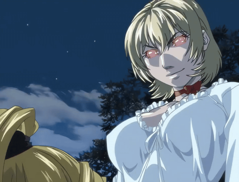 2007 2girls american animated animated_gif anime_screenshot bible_black bible_black_new_testament black_panties blonde_hair bow breasts choker christianity dress glowing glowing_eyes jody_crowley large_breasts long_hair mature_female multiple_girls nightgown panties saeki_kaori shin_bible_black short_hair smile tagme torn_clothes underwear witch