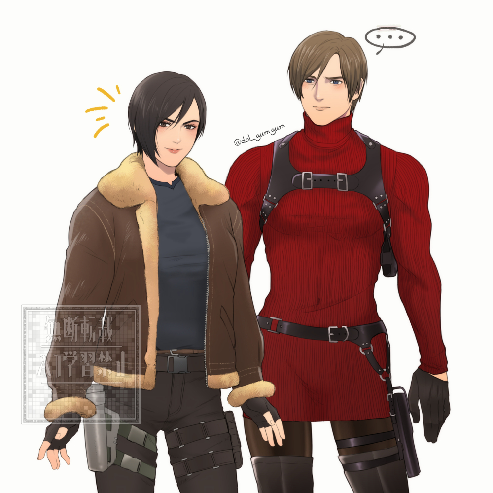 ... 1boy 1girl ada_wong ada_wong_(cosplay) black_boots black_gloves black_hair black_pantyhose black_shirt boots breasts brown_coat brown_hair chest_harness coat cosplay costume_switch cowboy_shot dol_gumgum dress fingerless_gloves fur-trimmed_coat fur_trim gloves hair_between_eyes harness hashtag-only_commentary holster leon_s._kennedy light_smile medium_breasts pantyhose red_dress resident_evil resident_evil_4 resident_evil_4_(remake) shirt short_hair spoken_ellipsis standing sweater sweater_dress thigh_boots thigh_holster turtleneck turtleneck_dress twitter_username white_background