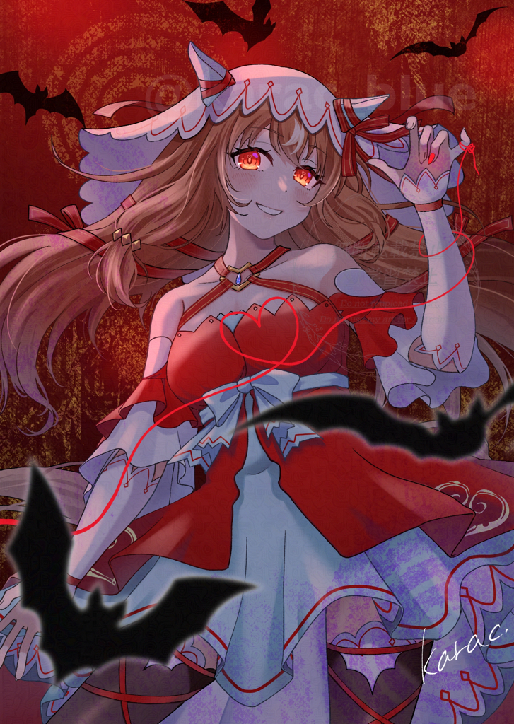 1girl animal_ears bare_shoulders bat_(animal) black_thighhighs blue_dress blush bow breasts brown_hair collarbone commentary_request detached_sleeves dress ear_covers ear_ribbon grin hair_between_eyes hair_ornament halcioneis heart horse_ears horse_girl horse_tail long_hair looking_at_viewer open_mouth red_dress red_eyes ribbon smile solo still_in_love_(scarlet_vow_raiment)_(umamusume) still_in_love_(umamusume) string string_of_fate tail thighhighs umamusume veil white_veil