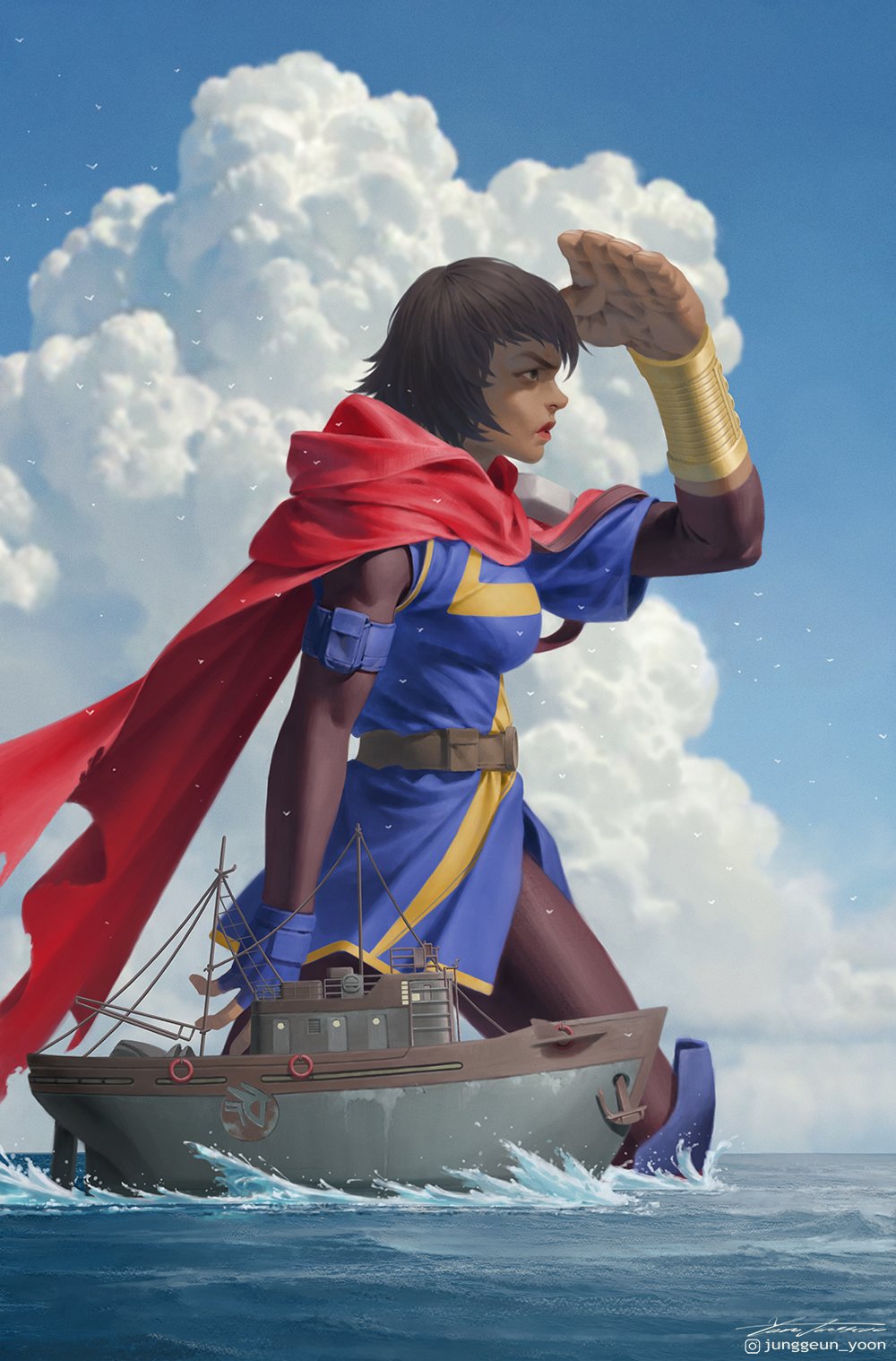 1girl bird blue_sky blue_tunic boat brown_bodystocking brown_hair cape cloud comic_cover commentary dark-skinned_female dark_skin day english_commentary giant giantess highres instagram_logo instagram_username kamala_khan marvel medium_hair ms._marvel official_art profile red_cape red_lips signature size_difference sky solo superhero_costume tunic wading water watercraft x-men yoon_junggeun