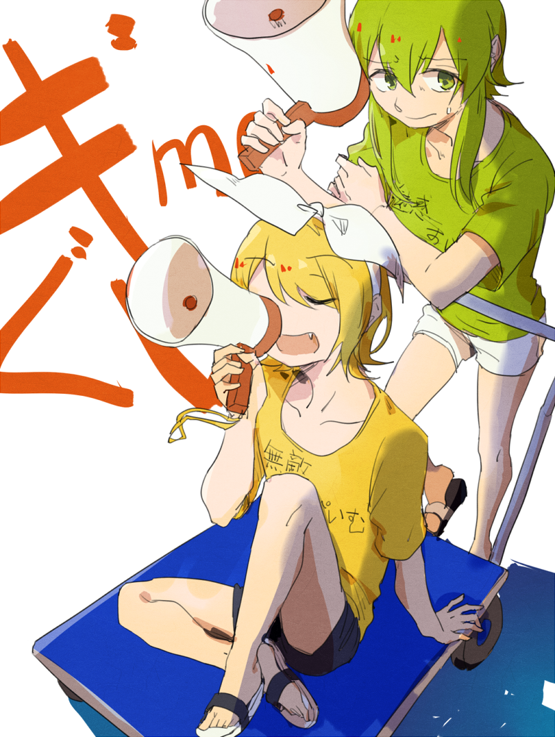 2girls black_shorts blonde_hair bow cart collarbone commentary_request fang furrowed_brow green_hair green_shirt gumi hair_bow hairband hand_up hands_up kagamine_rin medium_hair megaphone multiple_girls open_mouth sandals shirt short_hair short_sleeves shorts sidelocks simple_background sitting sweatdrop t-shirt vocaloid white_background white_bow white_hairband white_shorts wounds404 yellow_shirt