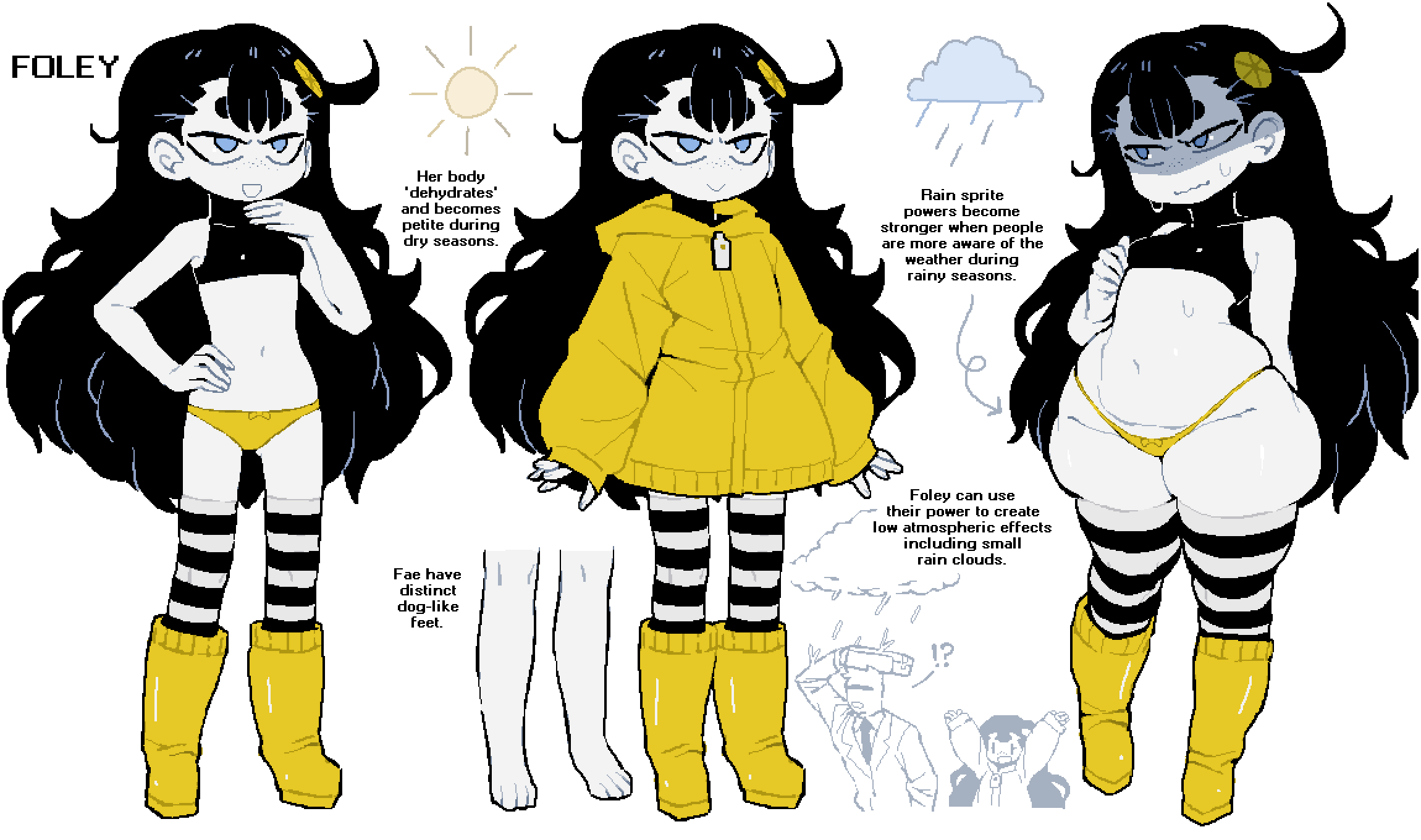 1boy 1girl black_hair blue_eyes boots closed_mouth crop_top dizzyspells english_text flat_chest full_body hair_ornament hand_on_own_hip highres hood hood_down jacket kyojiri_loli loli long_hair midriff multiple_views navel original panties simple_background smile standing striped_clothes striped_thighhighs sun sweat thick_eyebrows thighhighs thong underwear very_long_hair white_background