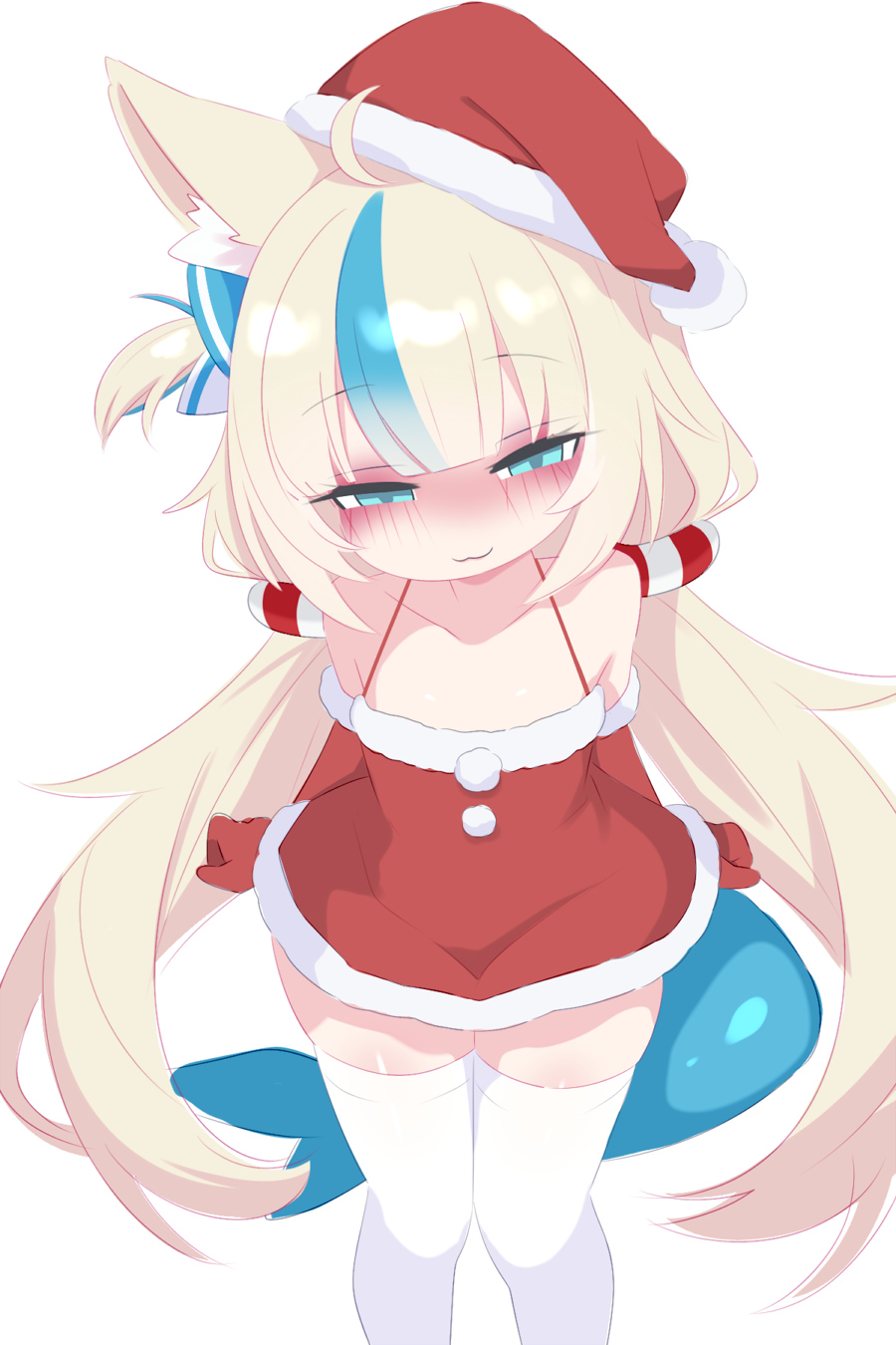 1girl :3 ahoge animal_ears aqua_eyes blonde_hair blue_hair blue_ribbon blush cat_ears cat_girl christmas collarbone dress fins fish_girl fish_tail flat_chest fur-trimmed_dress fur-trimmed_gloves fur-trimmed_headwear fur_trim gloves hair_ornament hair_ribbon hat highres indie_virtual_youtuber kukuchi581 loli long_hair looking_at_viewer low_twintails multicolored_hair pom_pom_(clothes) red_dress red_gloves red_hat ribbon sameko_saba santa_costume santa_dress santa_hat side_ponytail sleeveless sleeveless_dress smile standing streaked_hair tail thighhighs twintails virtual_youtuber white_background white_thighhighs wide_hips