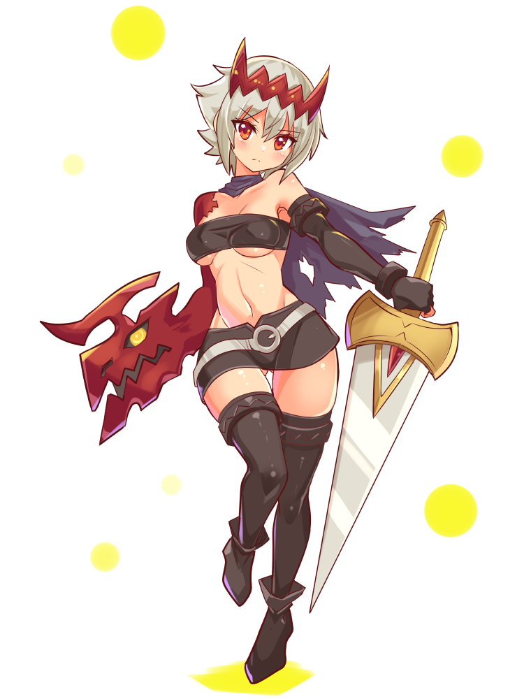 1girl bare_shoulders breasts cape cougar cougar_(cougar1404) dragon:_marked_for_death empress_(dmfd) female_focus headgear hip_bones holding holding_sword holding_weapon medium_breasts red_eyes revealing_clothes short_hair skirt strapless sword tagme tube_top underboob weapon white_hair