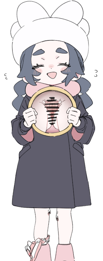 1girl ansha_(pokemon) bar_censor black_coat black_hair blush boots censored closed_eyes coat hat jewelry legs loli meeeeeeco359 nintendo panties panties_around_leg pokemon pokemon_legends:_z-a pussy ring smile solo spread_pussy standing thighs underwear white_background