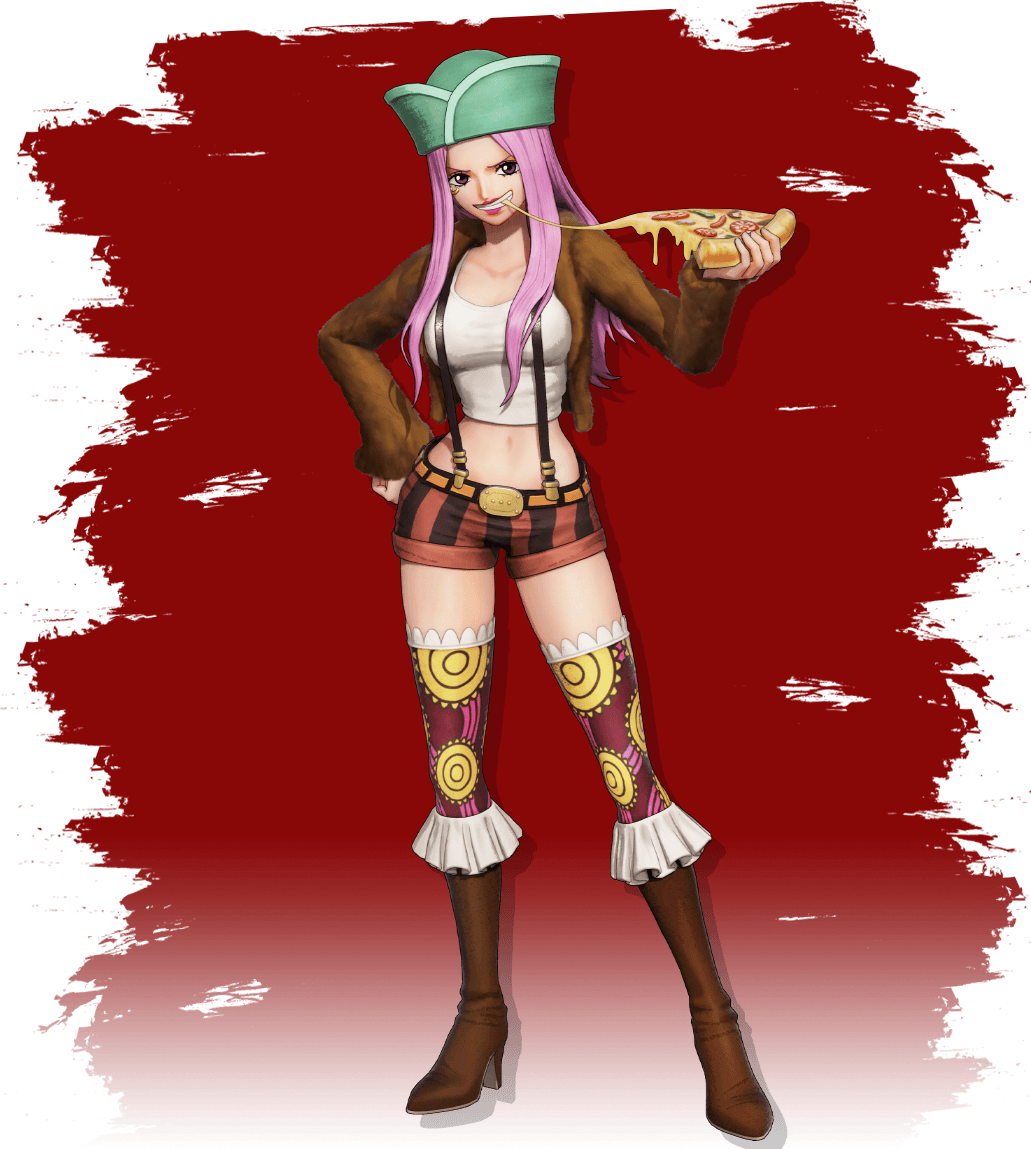 1girl 3d breasts coat curvy female_focus food full_body hand_on_own_hip hat highres jewelry_bonney large_breasts lipstick long_hair looking_at_viewer makeup midriff navel official_art one_piece one_piece:_pirate_warriors_4 piercing pink_hair pizza purple_eyes short_shorts shorts solo suspender_shorts suspenders thighhighs