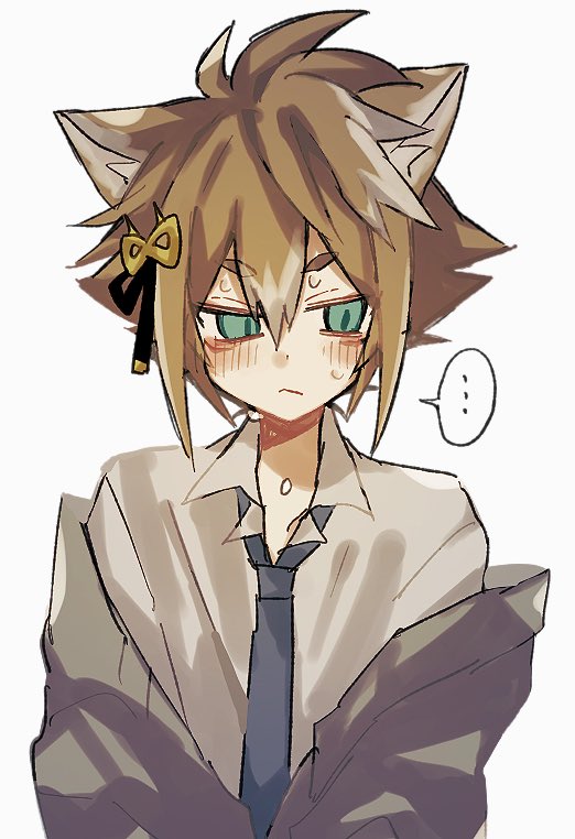 ... 1boy :/ animal_ear_fluff animal_ears black_shirt blue_necktie blush brown_hair closed_mouth collared_shirt dax00 dog_boy dog_ears dot_nose double-parted_bangs genshin_impact gorou_(genshin_impact) grey_jacket hair_between_eyes hair_ornament jacket jacket_partially_removed looking_to_the_side male_focus necktie nervous_sweating open_collar shirt short_hair sideways_glance simple_background solo speech_bubble spoken_ellipsis sweat uneven_eyes upper_body white_background white_shirt