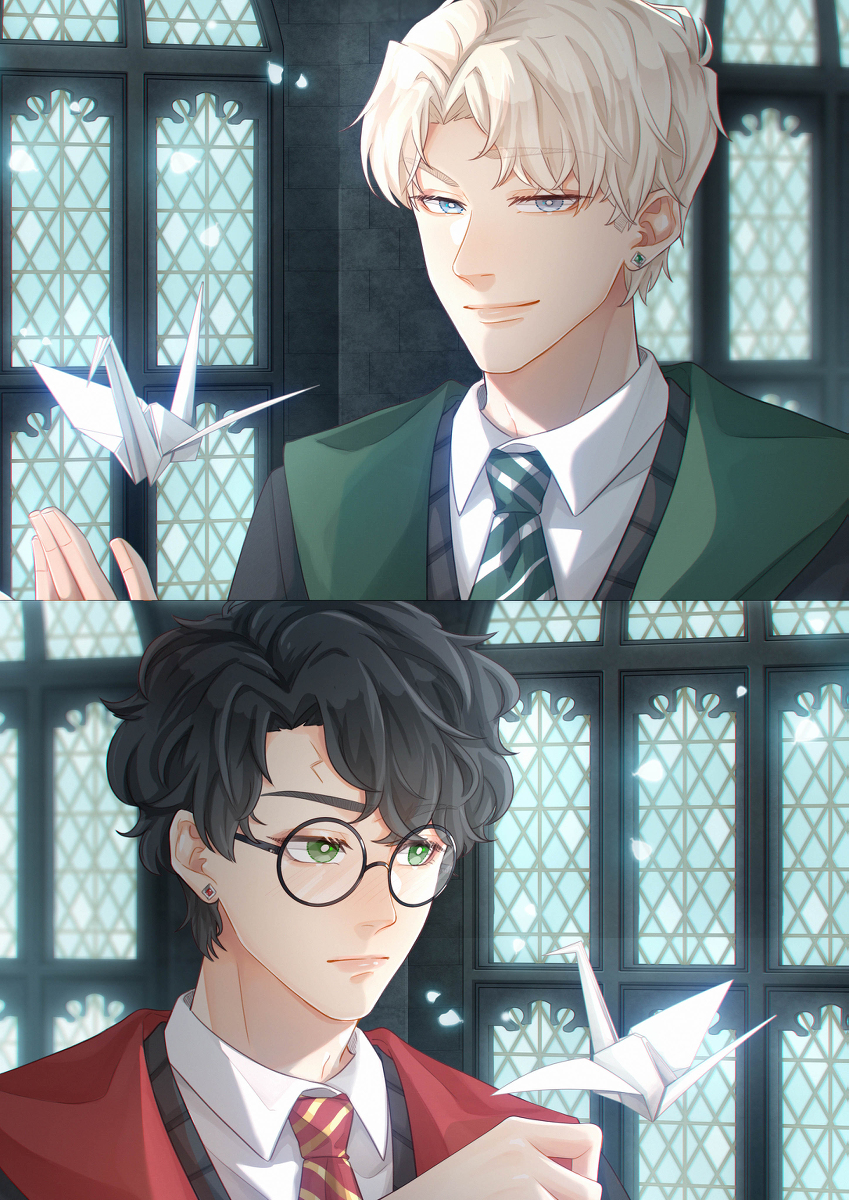 2boys black_hair blonde_hair blue_eyes closed_mouth collar draco_malfoy earrings eyebrows_hidden_by_hair eyelashes floating floating_object glasses green_eyes gryffindor harry_potter harry_potter_(series) hogwarts_school_uniform jewelry light_smile lightning_bolt_symbol male_focus ming_cha multiple_boys necktie origami panels paper_crane parted_bangs raised_eyebrow scar scar_on_face scar_on_forehead school_uniform shirt short_hair slytherin striped_necktie upper_body white_shirt window wing_collar wizarding_world