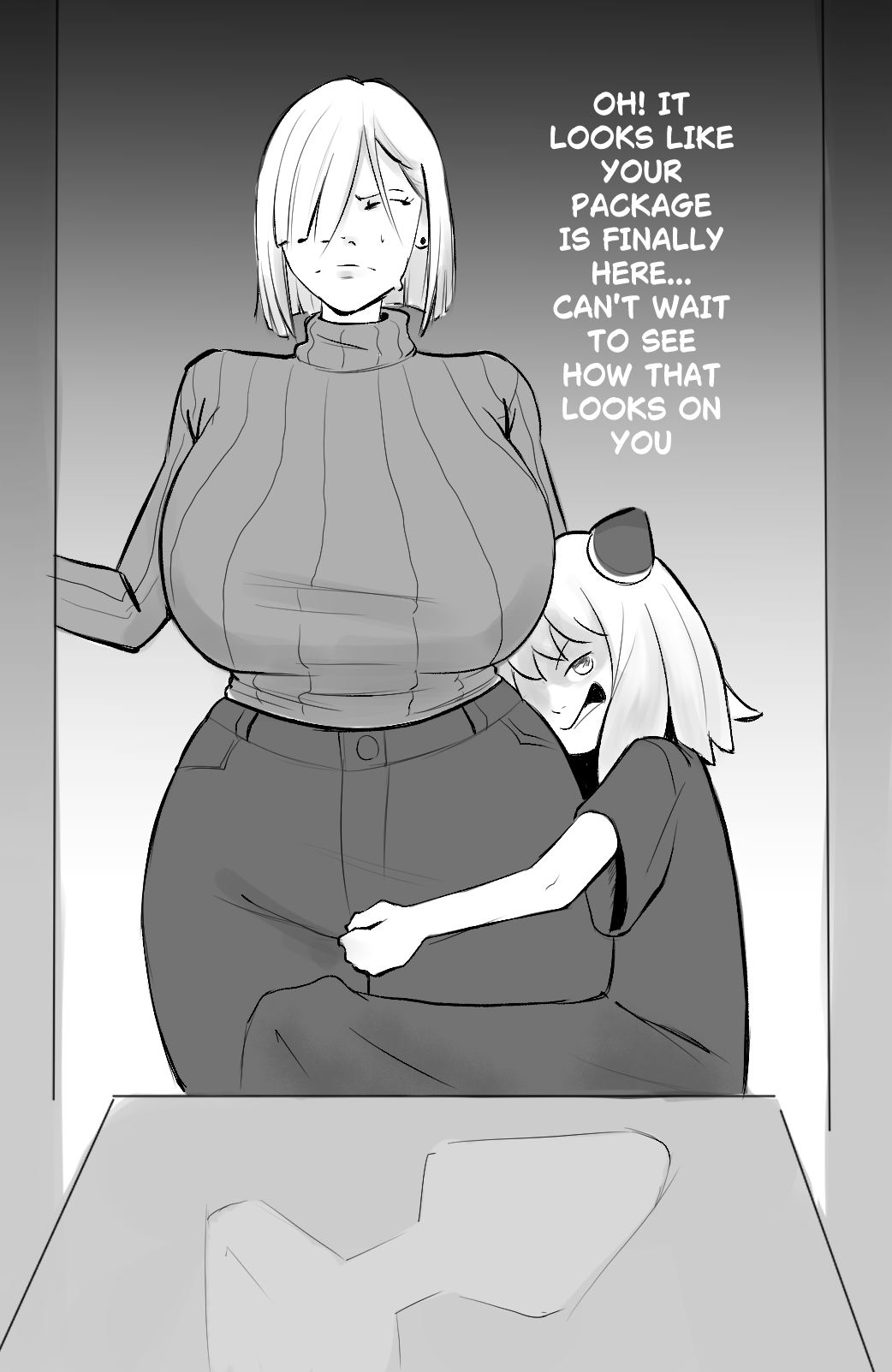 1futa 1girl age_difference angry anya_(spy_x_family) breasts bulge closed_eyes english_text erection erection_under_clothes fiona_frost futa_with_female futanari hair_over_one_eye highres huge_breasts huge_penis keizzzu leg_grab loli long_hair monochrome open_mouth penis size_difference spy_x_family