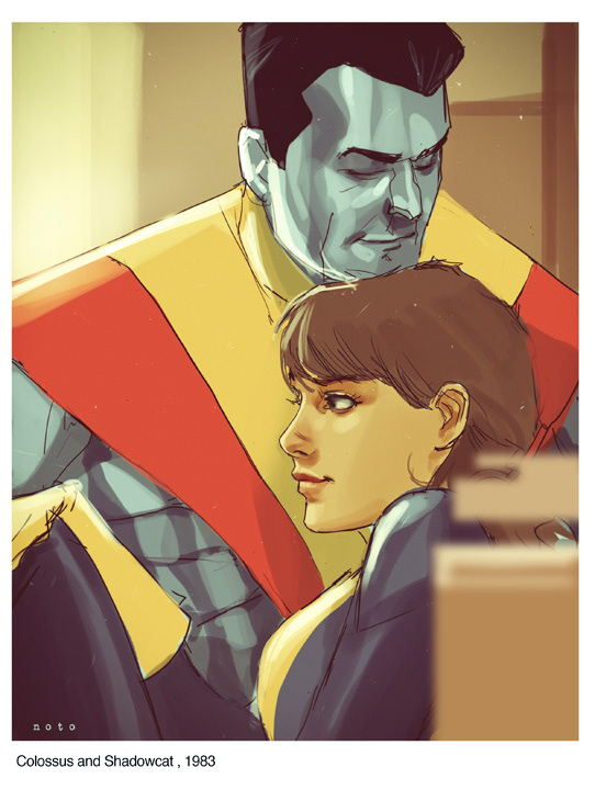 1boy 1girl artist_name black_hair blurry blurry_background blurry_foreground bodysuit boots border broad_shoulders caption colored_skin colossus_(x-men) commentary english_commentary english_text faux_retro_artstyle faux_traditional_media gloves indoors kitty_pryde latex latex_bodysuit marvel metal_skin multicolored_bodysuit muscular phil_noto retro_artstyle signature spandex sunlight superhero_costume two-tone_bodysuit white_border x-men x-uniform yellow_boots yellow_gloves