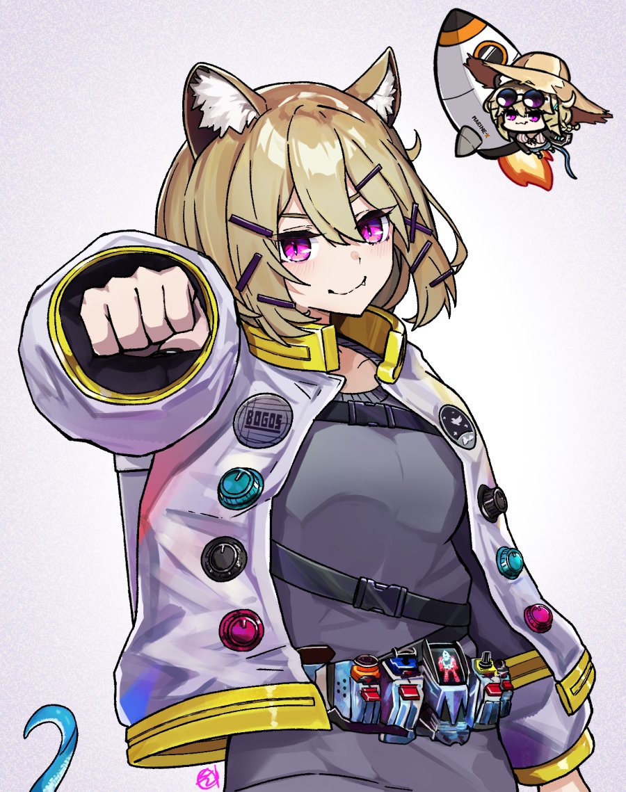 2girls animal_ear_fluff animal_ears arknights backpack bag belt bikini black_jacket chibi chibi_inset clenched_hand closed_mouth commentary eyewear_on_head fang grey_background grey_shirt hair_between_eyes hair_ornament harlequin-wheels hat jacket kamen_rider kamen_rider_fourze_(series) looking_at_viewer medium_hair multiple_girls official_alternate_costume open_clothes open_jacket purple_eyes rocket shirt smile solo straw_hat sunglasses swimsuit symbol-only_commentary tail upper_body utage_(arknights) utage_(summer_flowers)_(arknights) white_jacket