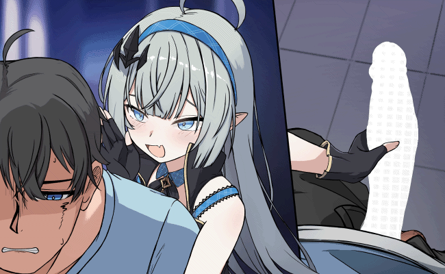 1boy 1girl ahoge animated animated_gif black_gloves black_hair blue_eyes blue_hairband censored character_request closed_mouth female_tyrant_(stella_sora) fingerless_gloves gloved_handjob gloves grey_hair hairband handjob loli long_hair open_mouth pointy_ears stella_sora tile_floor tiles tyrant_(stella_sora) xandier59