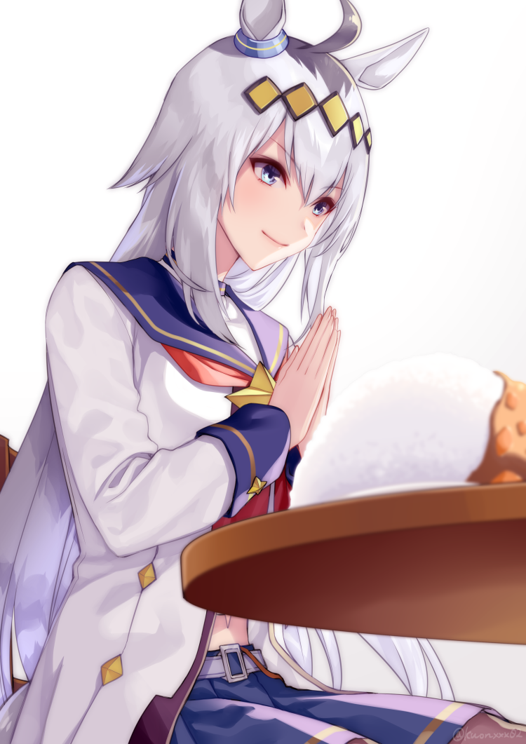 1girl ahoge akatsuki_(kuon) animal_ears black_pantyhose blue_eyes blue_sailor_collar blush breasts brooch closed_mouth commentary_request curry curry_rice ear_ornament food glutton grey_hair hair_between_eyes hair_ornament hairband horse_ears horse_girl jacket jewelry long_hair long_sleeves midriff multicolored_hair navel neckerchief oguri_cap_(starlight_beat)_(umamusume) oguri_cap_(umamusume) own_hands_clasped own_hands_together pantyhose plate pleated_skirt red_neckerchief rice sailor_collar shirt simple_background sitting skirt smile solo star_brooch table umamusume white_jacket