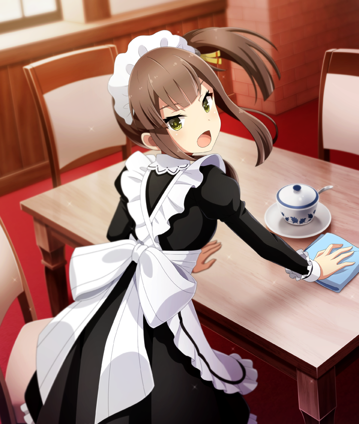 1girl :o alternate_costume apron black_dress blunt_ends breasts brown_hair chair cleaning cowboy_shot dot_nose dress enmaided from_behind game_cg green_eyes hair_ribbon hand_on_table hand_towel indoors leaning_forward long_sleeves looking_at_viewer looking_back maid maid_apron maid_headdress medium_hair official_art open_mouth plate ribbon side_ponytail sidelocks small_breasts solo suzumoto_hana table third-party_source toji_no_miko toji_no_miko:_kizamishi_issen_no_tomoshibi white_apron window wiping yellow_ribbon