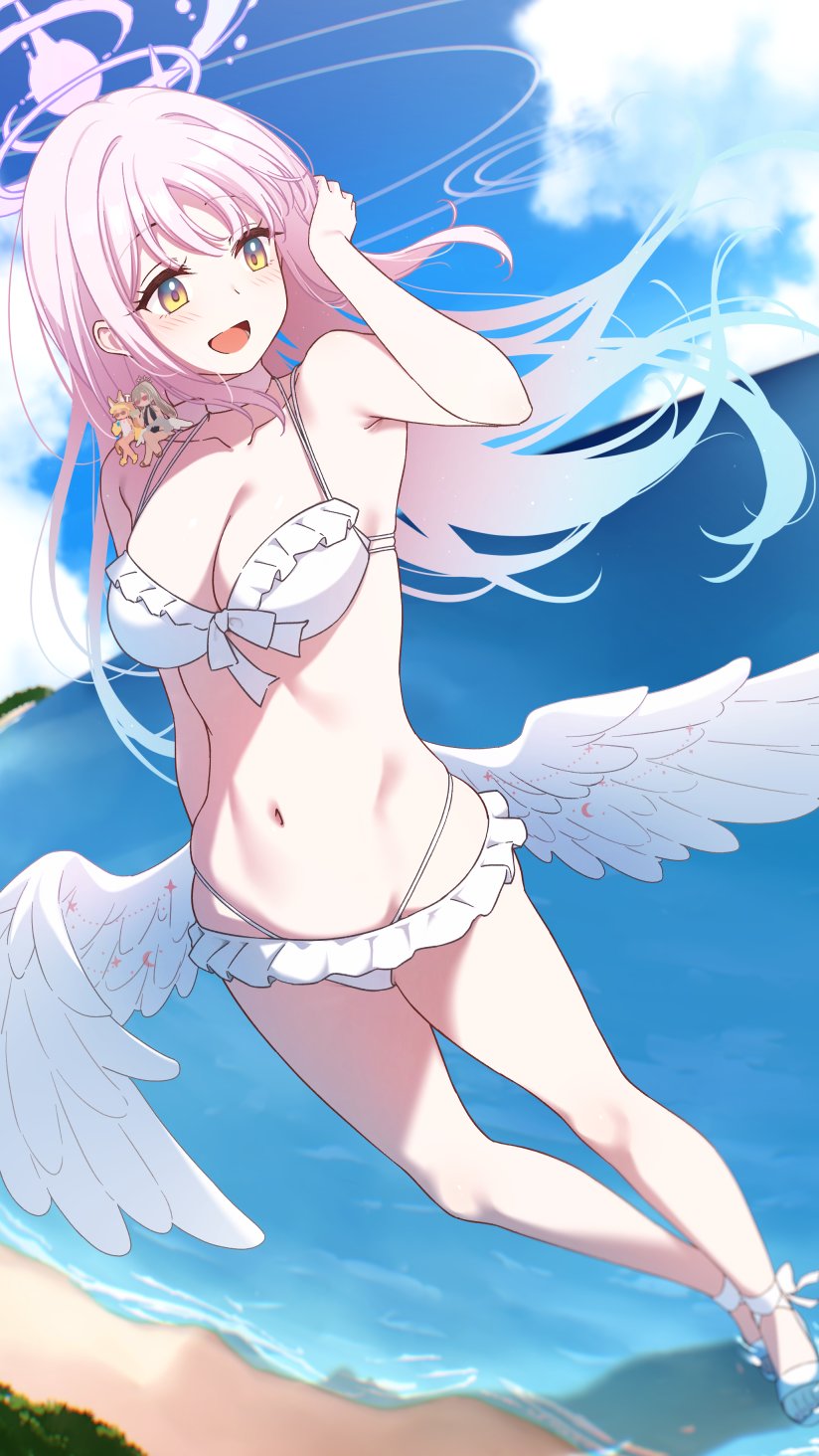 3girls :d arm_up bare_arms bare_shoulders bikini blonde_hair blue_archive blue_hair blue_sky blush breasts brown_eyes chibi cleavage cloud commentary_request day dutch_angle feathered_wings frilled_bikini frills giant giantess gradient_hair grey_hair halo highleg highleg_bikini highres horizon long_hair medium_breasts mika_(blue_archive) mika_(swimsuit)_(blue_archive) multicolored_hair multiple_girls nagami_yuu nagisa_(blue_archive) nagisa_(swimsuit)_(blue_archive) navel ocean on_shoulder open_mouth outdoors pink_hair seia_(blue_archive) seia_(swimsuit)_(blue_archive) shallow_water shoes skindentation sky smile solo_focus standing swimsuit very_long_hair water white_bikini white_shoes white_wings wings