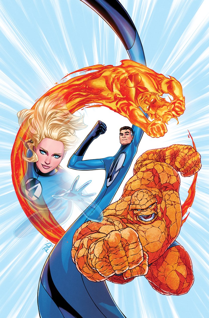 1girl 3boys ben_grimm black_gloves blonde_hair blue_bodysuit blue_eyes bodysuit brother_and_sister brown_hair clenched_hands comic_cover commentary english_commentary fantastic_four fiery_hair fire gloves highres husband_and_wife johnny_storm long_hair looking_at_viewer marvel monster_boy multicolored_hair multiple_boys muscular muscular_male official_art open_mouth pyrokinesis reed_richards russell_dauterman short_hair siblings smile smirk sue_storm superhero_costume teeth topless_male white_hair