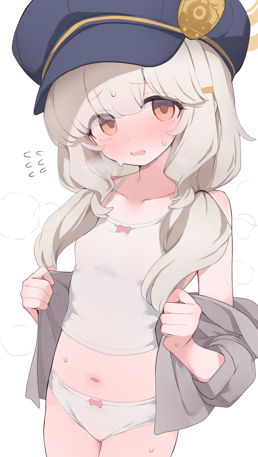1girl aoba_(blue_archive) bare_shoulders blue_archive blue_hat blush bow bow_panties breasts camisole collarbone cowboy_shot flying_sweatdrops grey_hair grey_shirt hair_ornament hairclip halo hat highres hone_kawa loli long_hair long_sleeves looking_at_viewer low_twintails navel newsboy_cap no_pants nose_blush off_shoulder open_clothes open_mouth open_shirt orange_eyes panties peaked_cap revision shirt simple_background small_breasts solo sweat twintails underwear variant_set white_background white_camisole white_panties yellow_halo