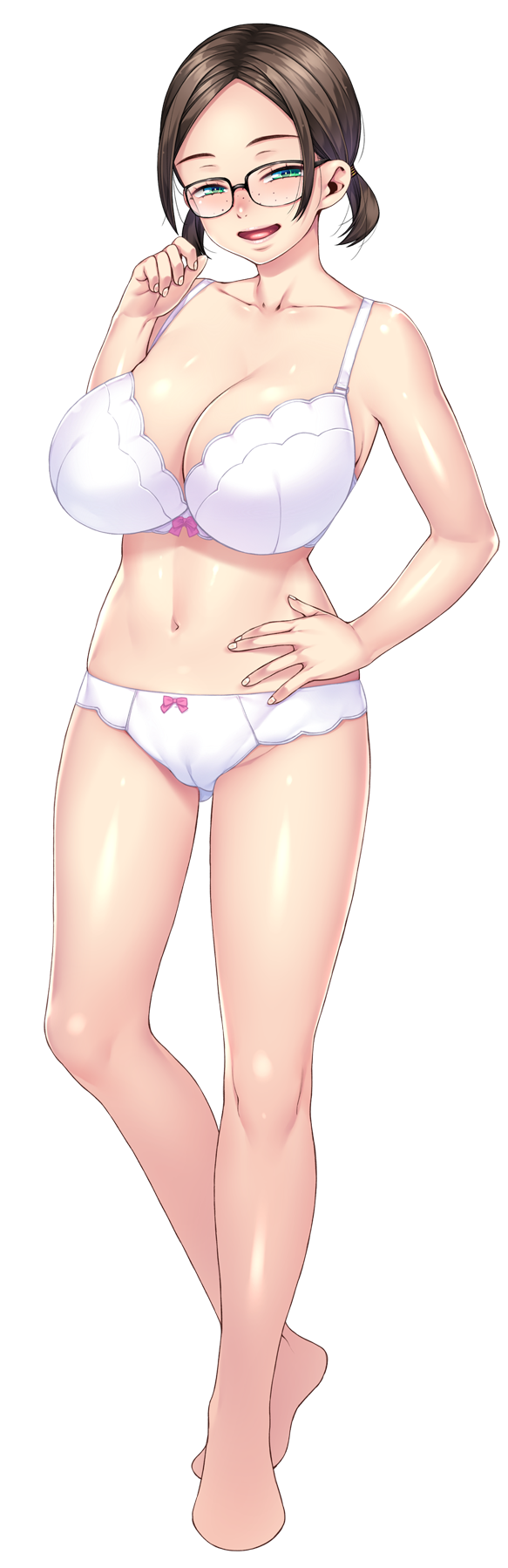 1girl akihara_shiho bow bow_bra bow_panties bra breasts brown_hair cameltoe cleavage collarbone forehead freckles frilled_bra frilled_panties frills full_body glasses green_eyes half-closed_eyes hand_on_own_hip hand_up happy head_tilt huge_breasts knees looking_at_viewer low_twintails navel no_toes open_mouth panties sexfri_osananajimi short_hair short_twintails sidelocks simple_background sleeveless smile standing sumeragi_kohaku transparent_background twintails underwear underwear_only white_bra white_panties
