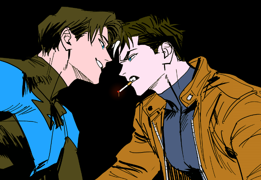 batman_(series) black_gloves black_hair black_shirt blue_eyes cigarette dc_comics dick_grayson ghksxodh gloves jason_todd long_sleeves male_focus multicolored_hair nightwing profile red_hood_(dc) shirt short_hair simple_background solo streaked_hair upper_body white_hair