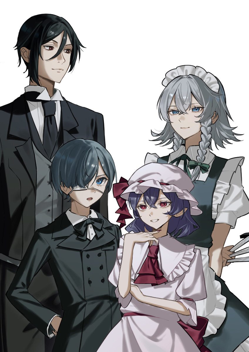 2boys 2girls apron aristocratic_clothes ascot bat_wings between_fingers bishounen black_hair black_suit blue_eyes blue_hair bow braid butler ciel_phantomhive commentary_request crossover eyepatch fingernails formal_clothes frills green_bow grey_hair grin hair_between_eyes hat hat_ribbon highres holding holding_knife izayoi_sakuya knife knives_between_fingers ko_gyoku kuroshitsuji long_fingernails looking_at_viewer maid maid_apron maid_headdress mob_cap multiple_boys multiple_girls open_mouth ouji_fashion pink_hat pointy_ears puffy_short_sleeves puffy_sleeves red_ascot red_eyes red_nails red_ribbon remilia_scarlet ribbon sebastian_michaelis sharp_fingernails short_hair short_sleeves smile suit touhou trait_connection tuxedo_shirt twin_braids victorian waist_apron wings