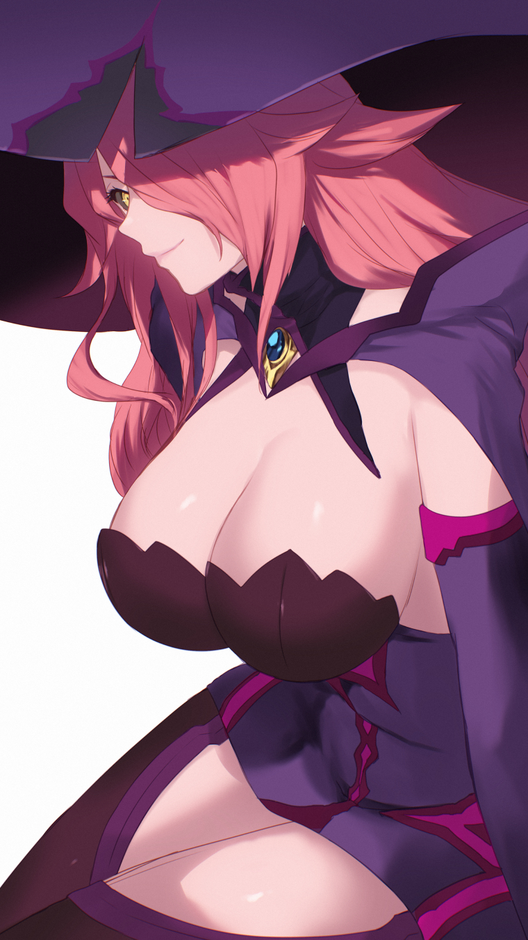 1girl bare_shoulders black_sclera blazblue breasts cait_aron cape cleavage colored_sclera dress hair_over_one_eye hat highres konoe_a._mercury large_breasts long_hair long_sleeves looking_at_viewer pink_hair purple_cape purple_hat smile solo witch witch_hat yellow_eyes
