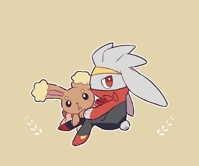 :o black_eyes bright_pupils brown_background buneary commentary gen_4_pokemon gen_8_pokemon looking_at_viewer nintendo open_mouth outline oyul_o pokemon pokemon_(creature) raboot red_eyes simple_background white_pupils