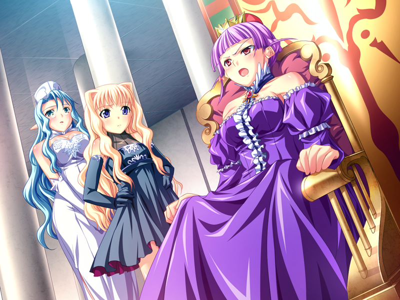 3girls agnes_ardbeg_augustus blonde_hair blue_eyes blue_hair blush chair cleo_cragganmore crown elf game_cg glasses green_eyes hairband harem_party long_hair multiple_girls pointy_ears purple_hair red_eyes sofisutia_gushigusu