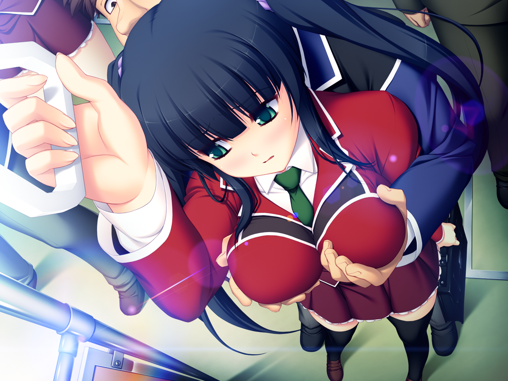 1boy 1girl bag black_hair blazer blush breasts chikan foreshortening from_above game_cg grabbing_another's_breast grabbing_from_behind green_eyes groping hetero jacket kurasawa_anzu large_breasts large_variant_set lens_flare loafers long_hair molestation multiple_boys necktie nerawareta_megami_tenshi_angel_tear non-web_source official_art perspective public_indecency school_bag school_uniform shoes skirt solo_focus thighhighs train_interior tsukumo_kazuita twintails variant_set