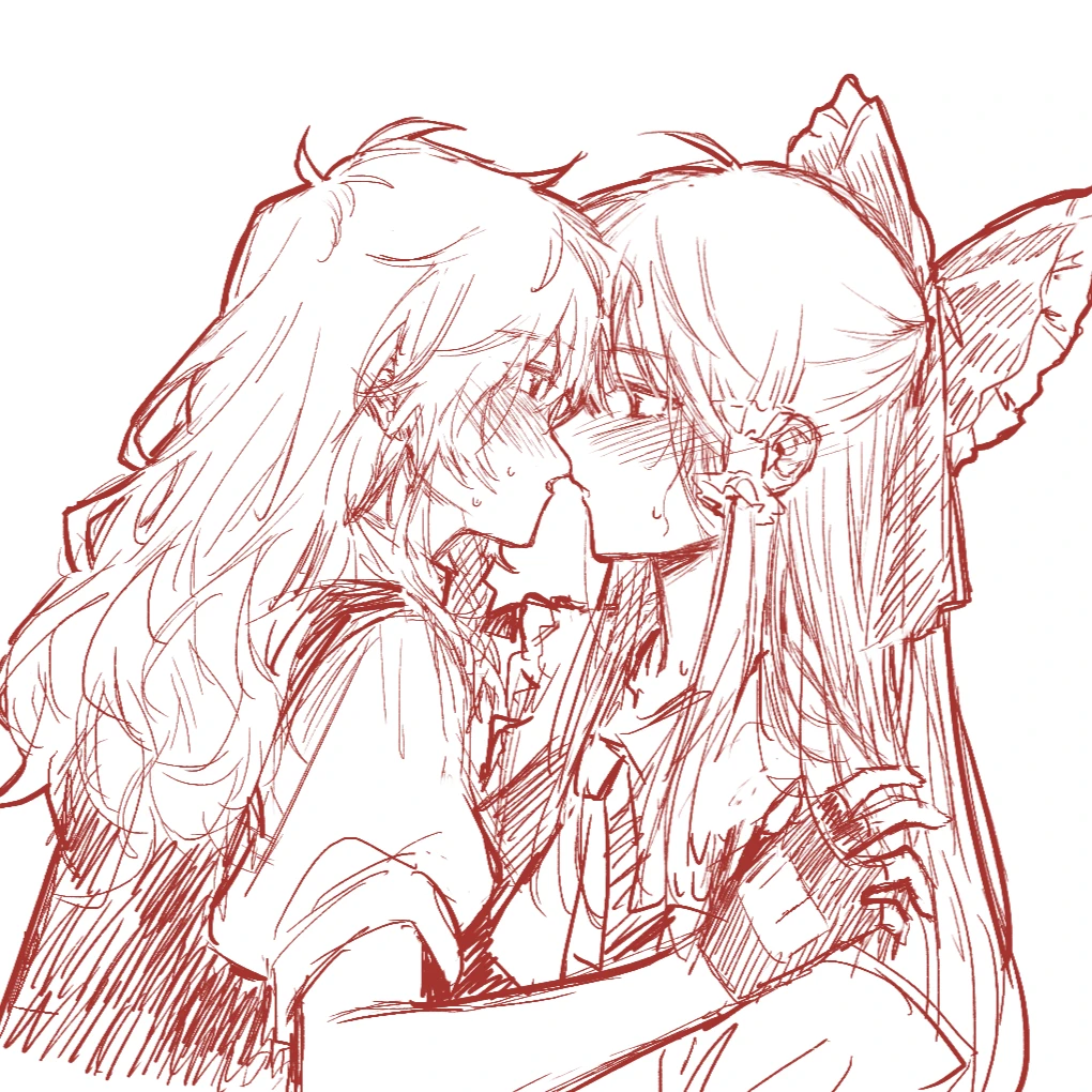 2girls ascot blush bow chinese_commentary commentary_request detached_sleeves eye_contact fingerless_gloves frilled_bow frilled_hair_tubes frills gloves hair_bow hair_tubes hakurei_reimu hitte5416 imminent_kiss kirisame_marisa long_hair looking_at_another monochrome multiple_girls red_theme sketch touhou yuri