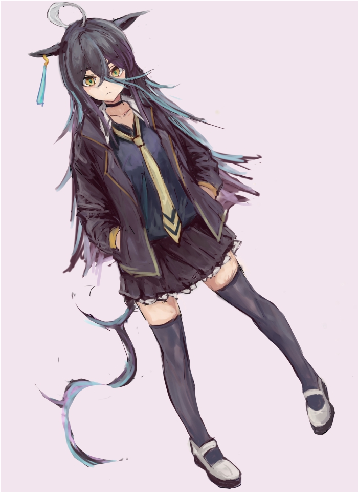 1girl ahoge animal_ears black_choker black_hair black_jacket black_skirt black_thighhighs blazer blue_shirt choker closed_mouth collarbone collared_shirt commentary_request ear_tag earrings hair_between_eyes hands_in_pockets horse_ears horse_girl horse_tail jacket jewelry long_bangs long_hair long_hair_between_eyes long_sleeves looking_at_viewer manhattan_cafe_(umamusume) multicolored_hair necktie open_clothes open_jacket pleated_skirt shirt simple_background single_earring skirt solo tail thighhighs umamusume very_long_hair white_hair yanagi_wakana yellow_eyes yellow_necktie zettai_ryouiki