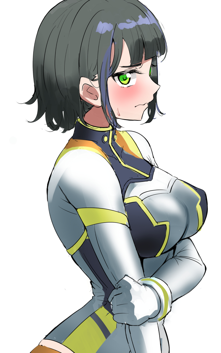 1girl black_hair blunt_bangs blush bodysuit breasts closed_mouth commentary cosplay ereka green_eyes grey_bodysuit hand_on_own_arm large_breasts link!_like!_love_live! love_live! momose_ginko momose_ginko_(gaming_event_cosplay) official_alternate_costume short_hair sidelocks simple_background solo sweatdrop unfinished upper_body virtual_youtuber wavy_mouth white_background