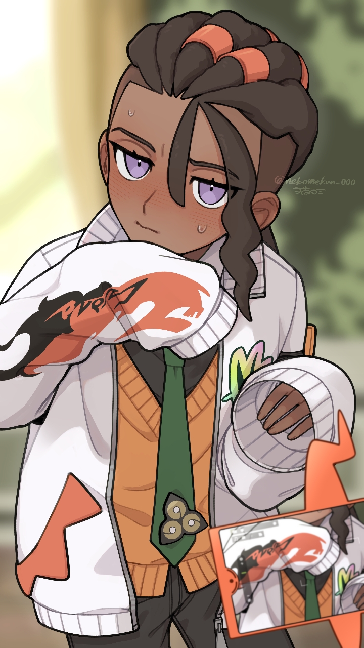 1boy blurry blurry_background brown_hair closed_mouth commentary_request cowboy_shot dark-skinned_male dark_skin green_necktie highres jacket long_hair long_sleeves male_focus naveen_(pokemon) necktie neko-me-kun nintendo open_clothes open_jacket orange_vest pants phone pokemon pokemon_legends:_z-a purple_eyes shirt sleeves_past_fingers sleeves_past_wrists solo sweatdrop vest white_jacket zipper_pull_tab