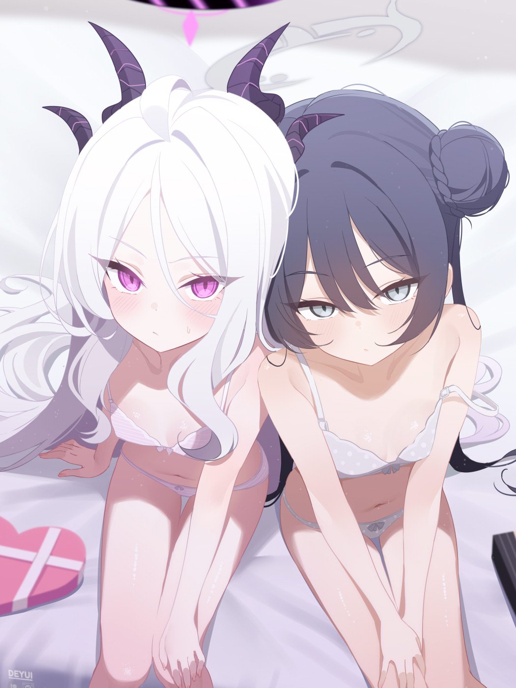 2girls ahoge bed_sheet black_hair blue_archive box bra braid breasts bun_with_braided_base closed_mouth commentary_request demon_girl demon_horns deyui double_bun duplicate grey_bra grey_eyes grey_panties hair_bun halo hand_on_own_knee heads_together heart-shaped_box highres hina_(blue_archive) horns kisaki_(blue_archive) long_hair looking_at_viewer multiple_girls navel panties polka_dot polka_dot_bra polka_dot_panties sidelocks sitting slit_pupils small_breasts stomach striped_bra striped_clothes striped_panties thigh_gap twintails underwear underwear_only very_long_hair white_hair