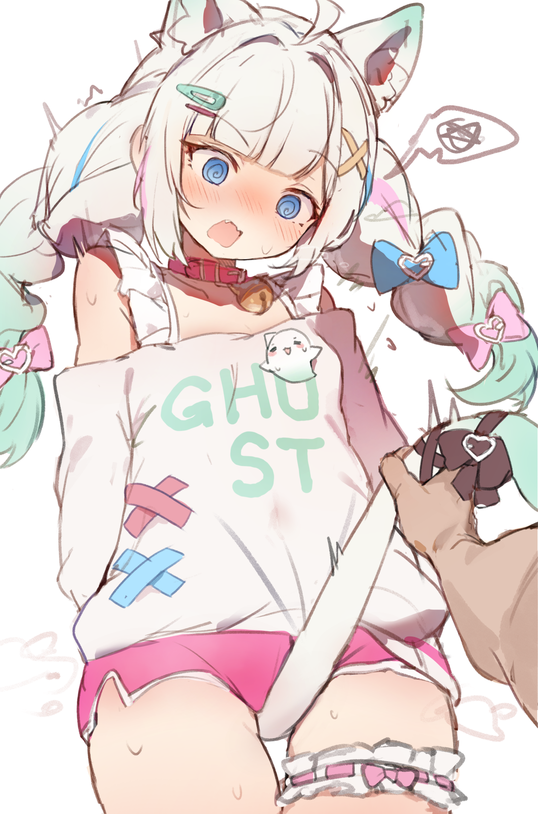 1girl ahoge animal_ears between_legs blue_hair blush bow braid cat_ears cat_tail cowboy_shot extra_ears frilled_thigh_strap hair_bow highres indie_virtual_youtuber long_hair micro_shorts mint_fantome mint_fantome_(otaku) multicolored_hair orobou pov pov_hands pulling_tail shorts solo_focus spoken_squiggle squiggle standing streaked_hair tail tail_between_legs thigh_strap twin_braids virtual_youtuber white_hair