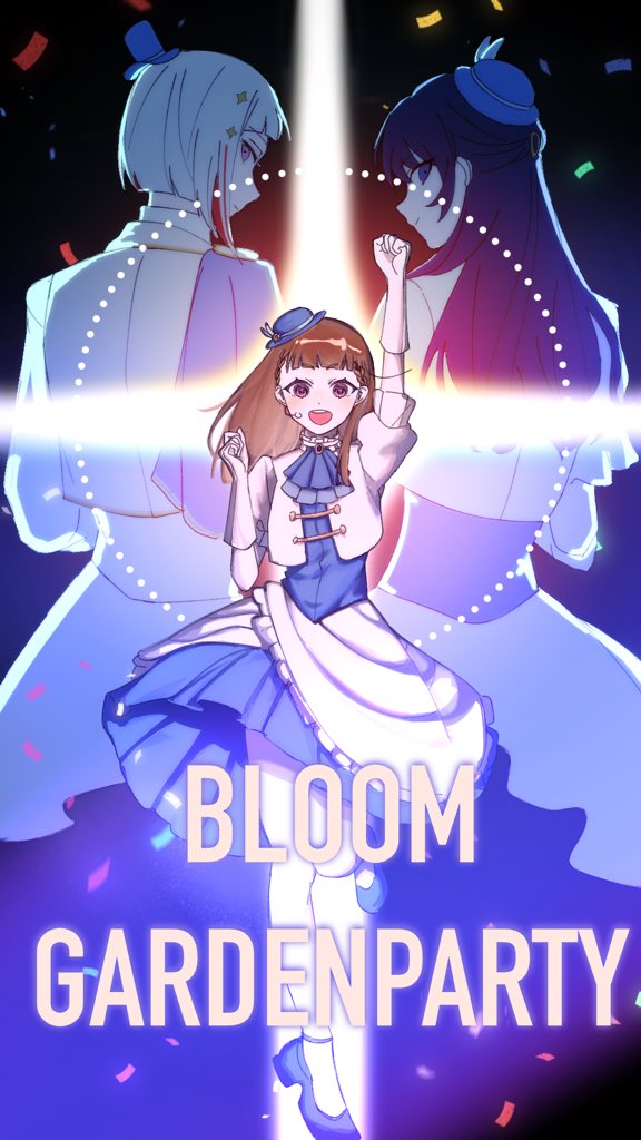 3girls :d arm_up ascot blue_ascot blue_eyes blue_hair blue_hat blue_shoes blue_skirt braid brown_hair center-flap_bangs clenched_hands commentary dollchestra english_commentary half_updo hashtag-only_commentary hat jacket kachimachi_kosuzu link!_like!_love_live! long_hair looking_at_viewer love_live! love_live!_hasu_no_sora_jogakuin_school_idol_club_bloom_garden_party mini_hat mini_top_hat multicolored_hair multiple_girls murano_sayaka open_clothes open_jacket open_mouth pantyhose pink_eyes puffy_short_sleeves puffy_sleeves rai_(kn51ll) raised_fist red_streaks shoes short-sleeved_jacket short_sleeves side_braids skirt smile streaked_hair teeth top_hat upper_teeth_only white_hair white_jacket white_pantyhose yugiri_tsuzuri