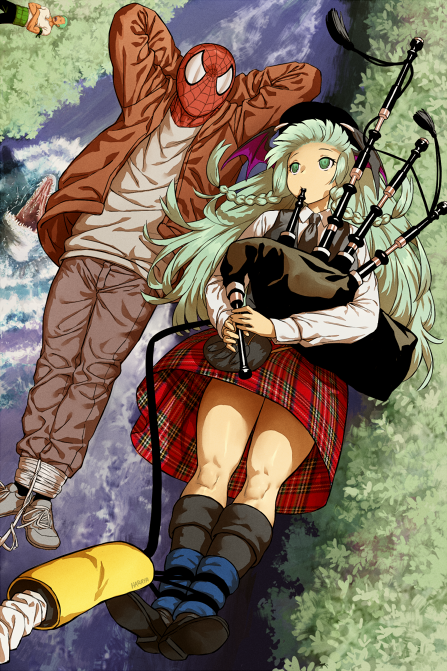 1girl 2boys alternate_costume bagpipes brown_jacket commentary crossover darkstalkers green_eyes green_hair haraya_manawari instrument jacket kilt long_hair marvel marvel_vs._capcom meme morrigan_aensland multiple_boys one_piece open_clothes open_jacket peter_parker plaid_clothes plaid_skirt red_skirt roronoa_zoro shirt skirt spider-man spider-man_(series) symbol-only_commentary white_shirt