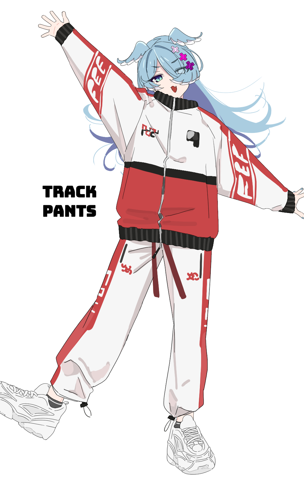 1girl anime_coloring aqua_eyes arm_up black_socks blue_hair blue_nails blue_wings diamond-shaped_pupils diamond_(shape) elira_pendora english_text eyes_visible_through_hair feathered_wings full_body hair_ornament hair_over_one_eye hairclip head_wings highres jacket long_hair long_sleeves looking_at_viewer multicolored_jacket nijisanji nijisanji_en npppiyo open_mouth pants parallel_hairclips red_jacket red_pants shoes sleeves_past_wrists smile sneakers socks solo standing standing_on_one_leg symbol-shaped_pupils track_jacket track_pants track_suit two-tone_jacket two-tone_pants v-shaped_eyebrows variant_set virtual_youtuber white_background white_jacket white_pants white_shoes wings zipper zipper_pull_tab