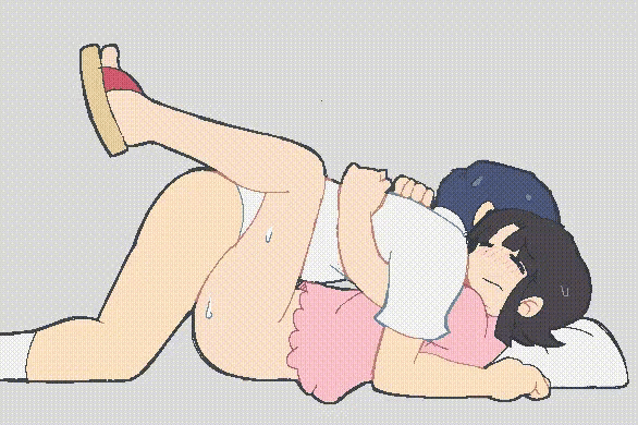 1boy 1girl adatara_ryota animated animated_gif azuredairy black_hair blue_hair bottomless camisole city_(arawi_keiichi) closed_eyes closed_mouth grey_background hetero makabe_matsuri missionary pillow pink_camisole sandals sex shirt short_hair simple_background socks sweat white_shirt white_socks