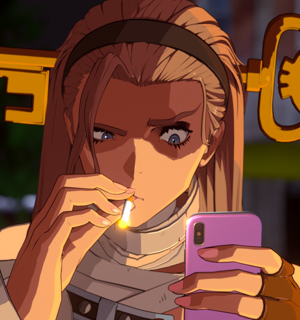 1girl 3d a.b.a alternate_color bandages bangs_pinned_back black_hairband blonde_hair blue_eyes cellphone cigarette commentary english_commentary fingerless_gloves gloves guilty_gear guilty_gear_strive hairband holding holding_cigarette holding_phone key_in_head long_eyelashes looking_at_phone looking_at_screen makeup matthew_mcconaughey_smoking_(meme) meme night object_through_head orange_gloves outdoors palette_swap parted_lips phone phone_request pink_nails player_2 portrait raised_eyebrow sateka single_hair_curtain smartphone smoking solo wide-eyed