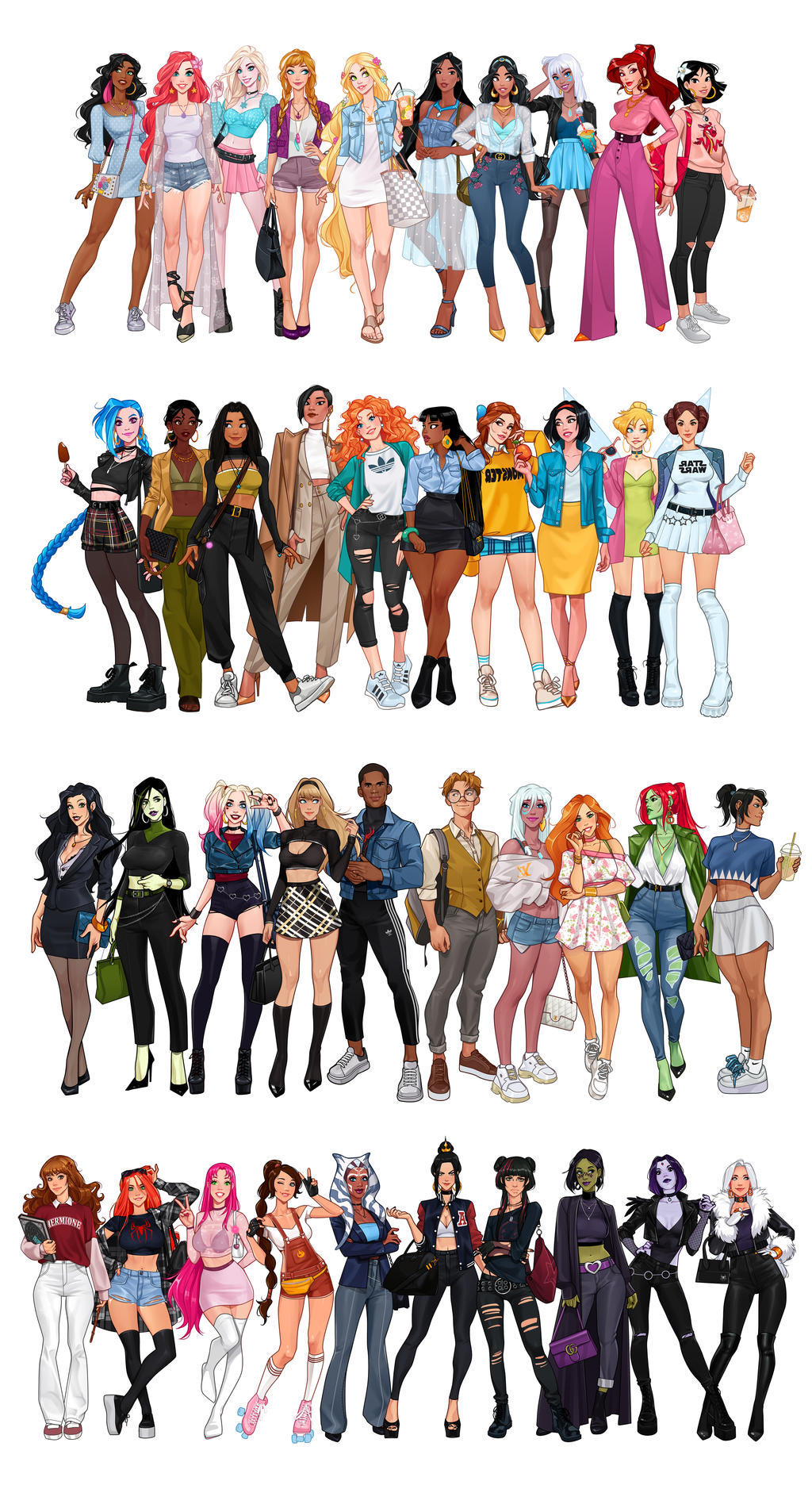 2boys 6+girls abs absurdres adidas aged_up ahsoka_tano aladdin_(movie) alien alternate_costume alternate_hairstyle anachronism anna_(frozen) apple aqua_eyes ariel_(disney) asami_sato atlantis:_the_lost_empire avatar:_the_last_airbender avatar_legends azula bag barriss_offee batman_(series) beauty_and_the_beast_(disney) belle_(disney) biting_own_lip black_boots black_cat_(marvel) black_eyes black_gloves black_hair black_hairband black_jacket black_leotard black_nails black_thighhighs blonde_hair blue_dress blue_eyes blue_hair blue_jacket blue_skirt book boots bracelet braid brave_(pixar) breasts brown_eyes brown_hair character_name chel_(el_dorado) choker cleavage collarbone colored_skin company_connection contemporary contrapposto crop_top crop_top_overhang cross cross_pasties crossed_arms crossover cup cutoffs dark-skinned_female dark-skinned_male dark_skin dc_comics denim disney disney_princess double_bun dress earrings elbow_carry elsa_(frozen) english_text esmeralda_(disney) eyewear_on_head fa_mulan_(disney) felicia_hardy fingerless_gloves flower food forehead_jewel freckles frozen_(disney) fruit fur-trimmed_jacket fur_trim glasses gloves green_eyes green_jacket green_lips green_skin gwen_stacy hair_bun hair_flower hair_ornament hairband hand_on_own_hip handbag harley_quinn harley_quinn_(series) harry_potter_(series) hercules_(1997_movie) hermione_granger high_heels highres holding holding_book holding_cup holding_food holding_wand hoop_earrings humanization jacket jacket_on_shoulders jasmine_(disney) jeans jewelry jinx_(league_of_legends) kidagakash kim_possible kim_possible_(series) korra large_breasts league_of_legends leotard long_hair looking_at_viewer low-braided_long_hair low-tied_long_hair mai_(avatar) marvel mary_jane_watson medium_breasts megara_(disney) merida_(brave) midriff miles_morales milo_james_thatch miniskirt mulan_(movie) multicolored_hair multiple_boys multiple_crossover multiple_girls multiple_rings mushu_(disney) nail_polish namaari_(ratld) navel necklace olena_minko one_eye_closed open_clothes open_jacket orange_hair orange_shoes orange_skin overalls pants pantyhose parted_lips pasties pencil_skirt piercing pink_hair pink_skirt pleated_skirt pocahontas_(disney) pocahontas_(movie) poison_ivy ponytail popsicle princess_leia purple_hair purple_lips rapunzel_(disney) raven_(dc) raya_(ratld) raya_and_the_last_dragon red_eyes red_hair red_hairband ring roller_skates see-through_clothes shego shoes short_hair short_shorts shorts siblings simple_background single_braid single_earring sisters skates skirt smile sneakers snow_white_(disney) snow_white_and_the_seven_dwarfs_(disney) spider-man_(series) spider-verse standing star_wars starfire sunglasses tangled teen_titans the_hunchback_of_notre_dame_(disney) the_legend_of_korra the_little_mermaid_(disney) the_princess_and_the_frog_(disney) the_road_to_el_dorado thigh_boots thigh_gap thighhighs tiana_(the_princess_and_the_frog) tinker_bell_(disney) topknot torn_clothes torn_pants track_pants trait_connection twin_braids twintails ty_lee v very_long_hair vest walt_disney's_peter_pan wand watch white_background white_boots white_dress white_gloves white_hair white_pants wings wink wizarding_world wristwatch yellow_shoes yin_yang zettai_ryouiki