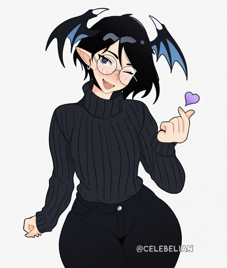 1girl alternate_costume alternate_hair_color alternate_hairstyle artist_name bat_wings black_eyes black_hair black_pants black_sweater blush capcom celebelian cowboy_shot darkstalkers demon_girl earrings fang finger_heart glasses head_wings heart jewelry lilith_(darkstalkers) one_eye_closed open_mouth pants pointy_ears round_eyewear short_hair smile solo sweater thick_thighs thighs turtleneck turtleneck_sweater wings wink