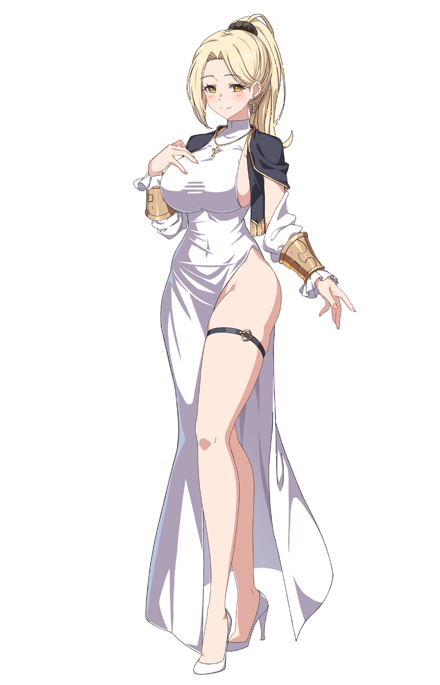 1girl blonde_hair breasts earrings esmeralda_(lost_sword) game_cg high_heels jewelry large_breasts lost_sword:_tales_of_britania nun official_art ponytail solo thighs white_background yellow_eyes