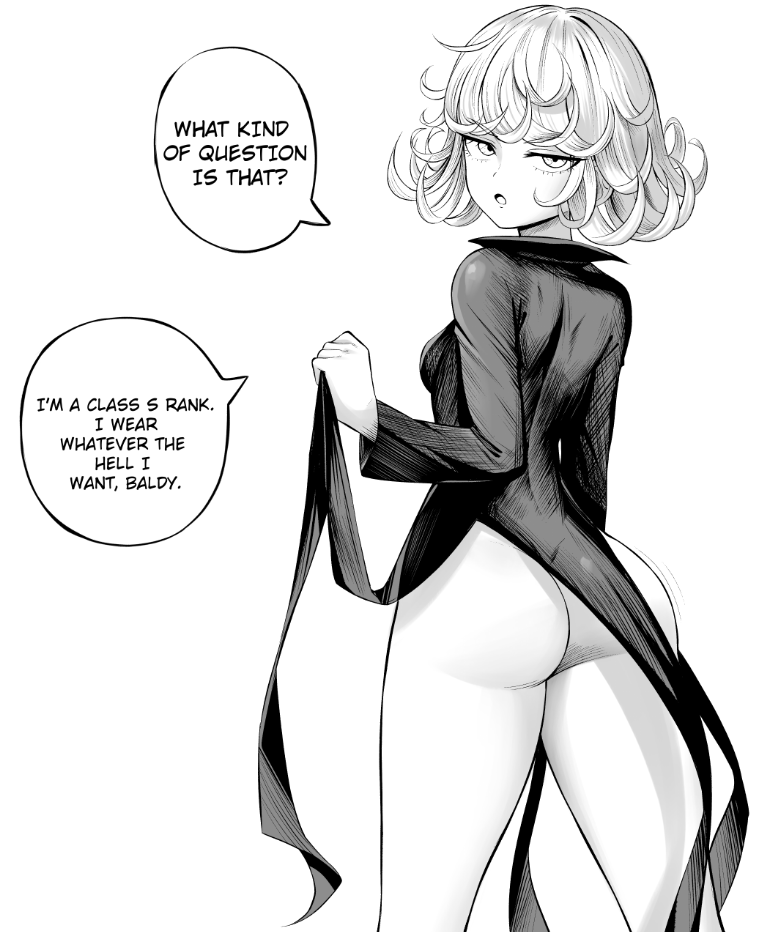 1girl ass black_dress black_shirt breasts curly_hair curvy dress english_text female_focus highres legs lifting_own_clothes loli long_sleeves looking_at_viewer looking_back monochrome no_panties one-punch_man open_mouth pietrosatou sexually_suggestive shirt short_hair small_breasts solo solo_focus speech_bubble tatsumaki thighs