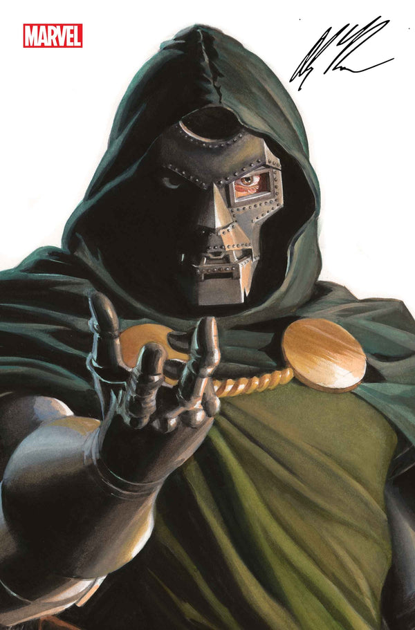 1boy alex_ross cloak comic_cover company_name cover cover_page doctor_doom fantastic_four green_cloak green_tunic grey_armor grey_eyes hood hood_up looking_at_viewer male_focus marvel mask metal_mask official_art realistic signature solo tunic upper_body western_comics_(style) white_background