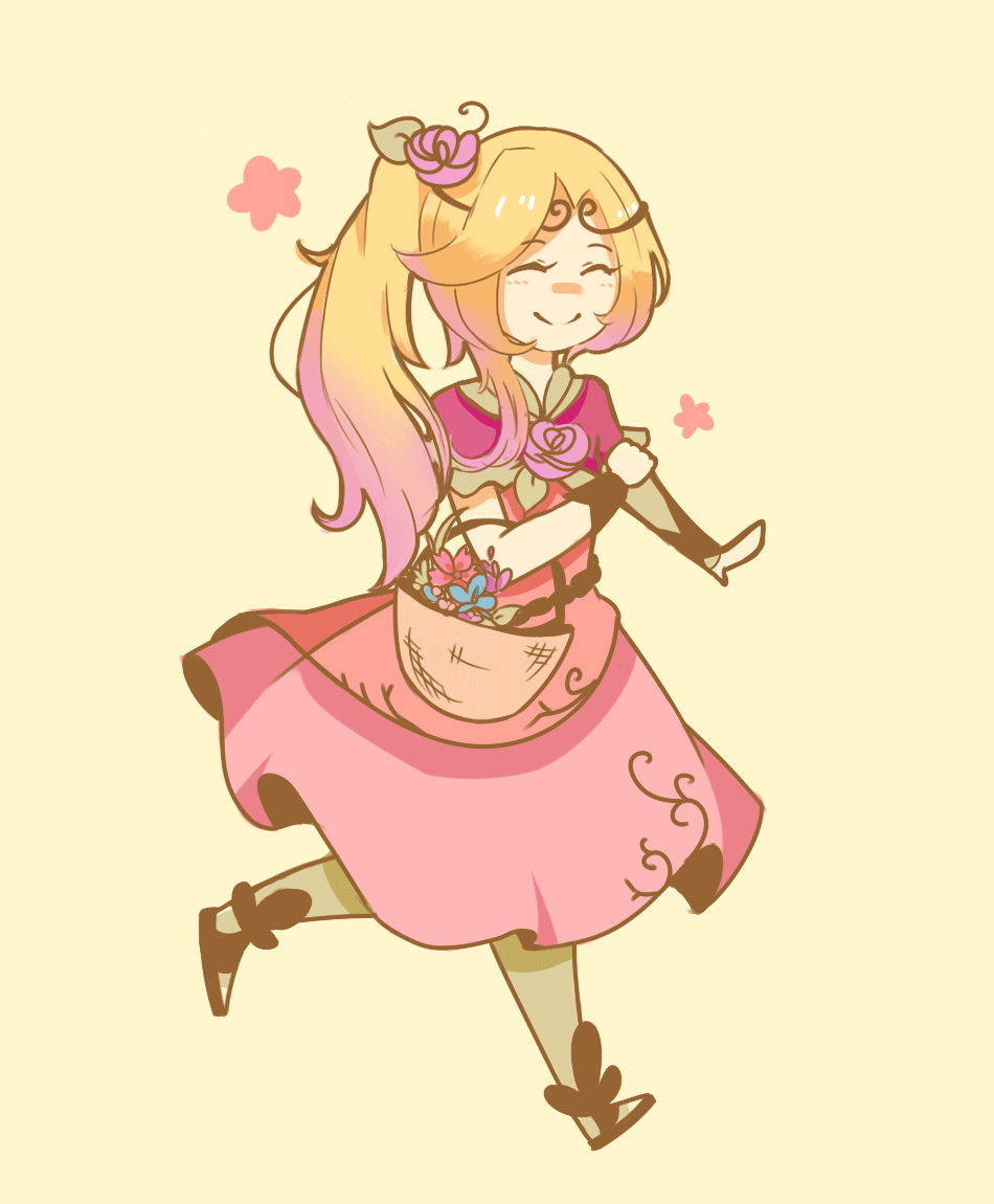 1girl animated animated_gif clenched_hand closed_eyes commentary dress english_commentary flower flower_basket full_body hair_flower hair_ornament kid_icarus kid_icarus_uprising nintendo ponytail red_dress simple_background smile solo vidiri_(1249228) viridi yellow_background