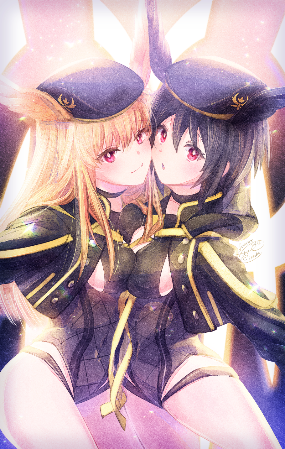 2girls beret black_choker black_hair black_hat black_jacket black_one-piece_swimsuit blonde_hair breast_press breasts bright_pupils choker cleavage_cutout clothing_cutout commentary_request covered_navel cowboy_shot fate/grand_order fate_(series) hair_between_eyes hat head_wings highleg highleg_one-piece_swimsuit highres hood hood_down hooded_jacket ittokyu jacket long_hair looking_at_viewer multiple_girls one-piece_swimsuit open_clothes open_jacket ortlinde_(fate) ortlinde_(swimsuit_assassin)_(fate) parted_lips partial_commentary red_eyes short_hair sidelocks signature simple_background smile swimsuit thrud_(fate) thrud_(swimsuit_assassin)_(fate) valkyrie_(fate) wings