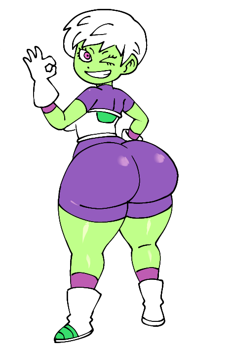1girl alien ass body_armor bodysuit boots cheelai colored_skin dragon_ball dragon_ball_super gloves green_skin huge_ass one_eye_closed purple_eyes short_hair smib_art wink