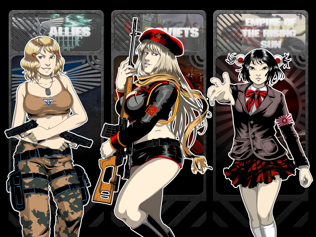 3girls america_(female)_(hetalia) america_(hetalia) armband axis_powers_hetalia beret black_hair blonde_hair breasts bullpup camouflage command_&amp;_conquer command_&amp;_conquer:_red_alert command_&amp;_conquer:_red_alert_3 cosplay crop_top dragunov_svd dual_wielding gender_request genderswap gun hammer_and_sickle handgun hat holding holster japan_(hetalia) large_breasts long_hair midriff multiple_girls natasha_volkova natasha_volkova_(cosplay) pistol red_alert_3 rifle russia_(hetalia) school_uniform serafuku shirakawako shirt short_hair sig_sauer sniper_rifle suppressor tank_top tanya_adams taut_clothes taut_shirt thigh_holster weapon yuriko_omega yuriko_omega_(cosplay)