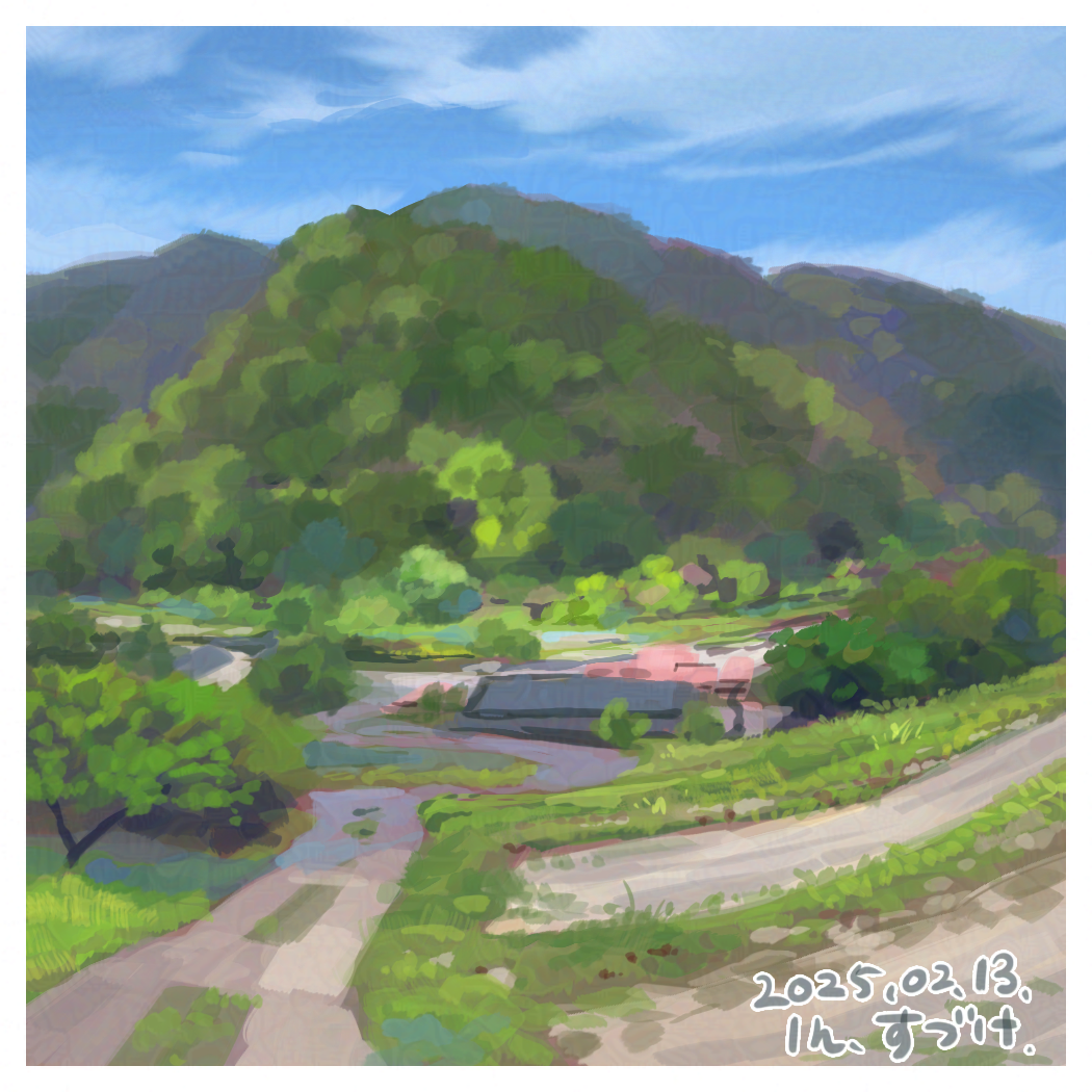 blue_sky border cloud commentary_request dated day grass mountain nature no_humans one-hour_drawing_challenge original outdoors scenery sky suzuke tree white_border